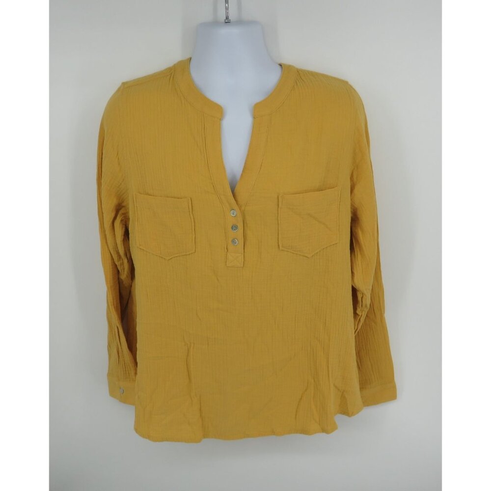 Mote Women's Yellow Long Sleeve Crinkle Henley Blouse Pockets XXL NWT